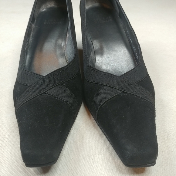 Stuart Weitzman Black Suede Square Toe Pumps. 2" H - Picture 1 of 8